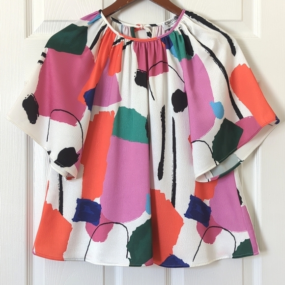 Crosby by Mollie Burch Brynn Abstract Gathered Neck Short Flutter Sleeve Blouse - Picture 1 of 11
